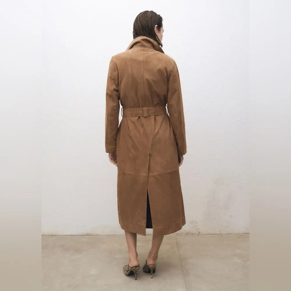 Mango 100% Genuine Suede Trench Coat New - Picture 8 of 9